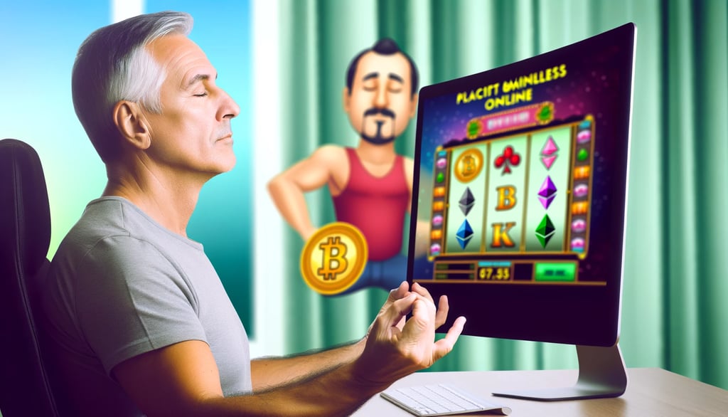 Middle-aged man practicing mindfulness while playing slot games online, serene and focused.