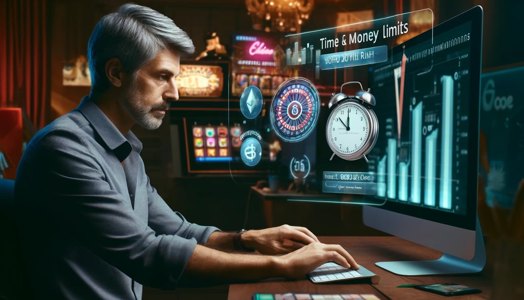 Middle-aged man setting time and money limits for responsible gambling on a computer.