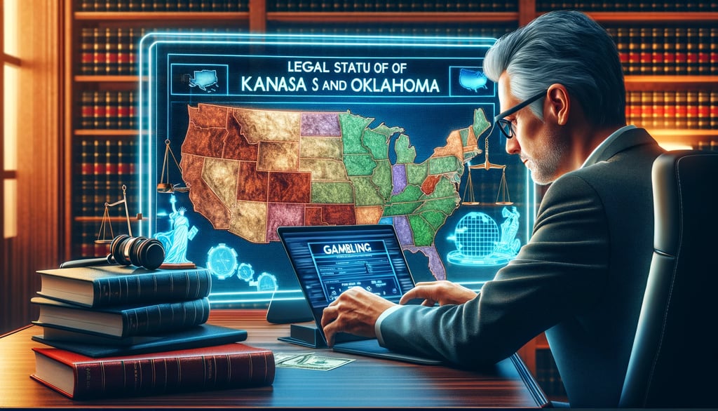 Middle-aged man reading about the legal status of gambling in Kansas and Oklahoma at a desk