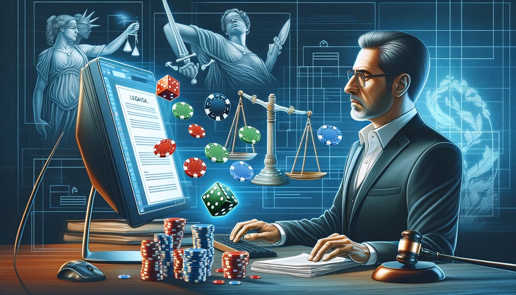 Middle-aged man researching online gambling laws with legal documents and online casino elements.