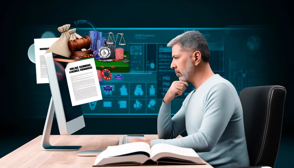 Middle-aged man in a home office reading about changes in online gambling laws in Kansas and OK