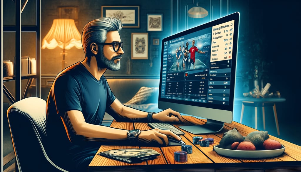 Middle-aged man betting on an esports match online at home, focused on the screen.