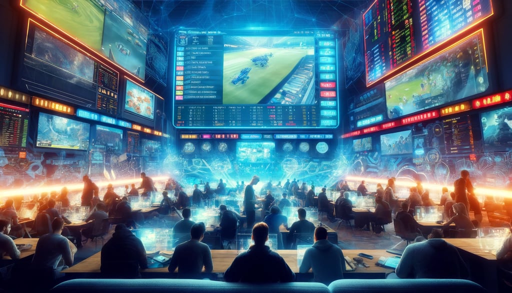 Bustling esports betting center with screens displaying matches and betting odds, people placing bet