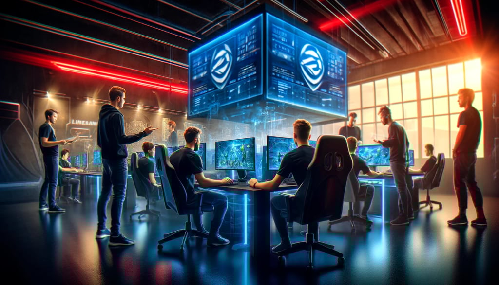 Esports team practicing in a modern gaming studio, focused on their screens and discussing strategy