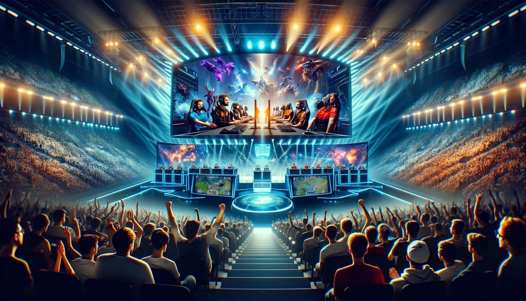 Large esports competition with teams competing on stage in front of a huge, cheering audience.