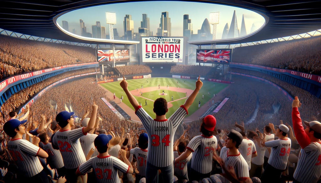 Group of fans celebrating during the MLB World Tour: London Series, wearing jerseys and cheering