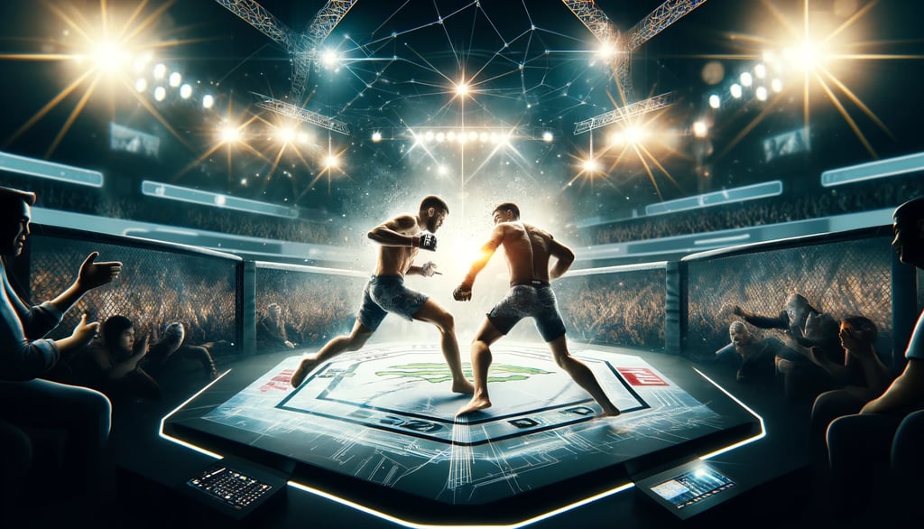 Justin Gaethje and Rafael dos Anjos fighting in the octagon with a cheering crowd.