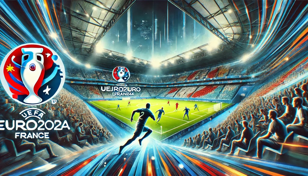 A vibrant digital artwork showing a UEFA EURO 2024 football match in a stadium.
