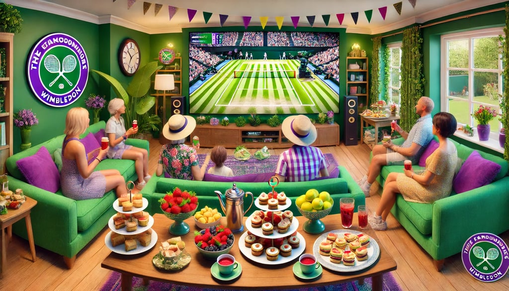 Wimbledon watch party at home with green and purple decor, tennis-themed snacks, and guests watching