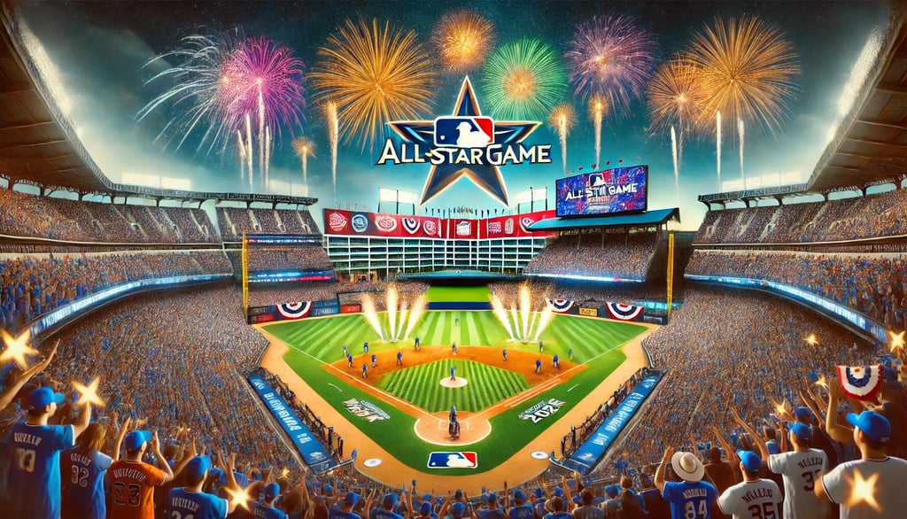 Excitement of MLB All-Star Game 2024 at Globe Life Field with fans, fireworks, and players in action