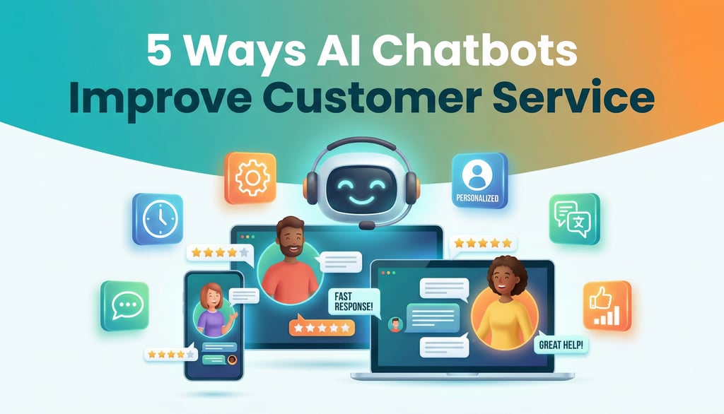 Happy customers interacting with friendly AI chatbot showing fast response and customer service feat