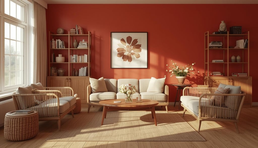 Bright retro living room with clean shelves and cozy neutral décor.