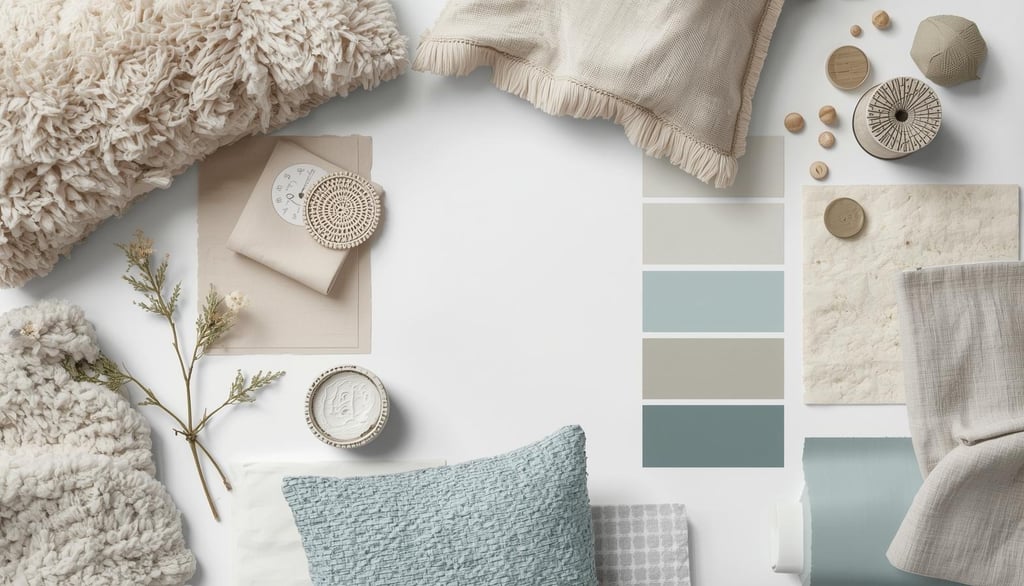 Flat lay of color swatches and fabrics for a calming home palette.