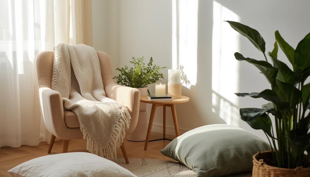 a beautiful and cozy wellness nook with soft blankets, warm lighting, and calming natural textures.