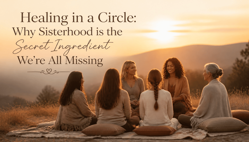 A diverse group of women sitting in a healing circle at sunset for a spiritual sisterhood retreat.