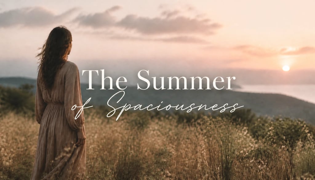 A woman in a linen dress looks at a golden sunset over hills, with The Summer of Spaciousness text.