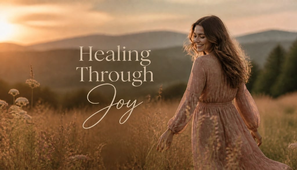 Smiling woman walking through a meadow at sunset with the text Healing Through Joy.