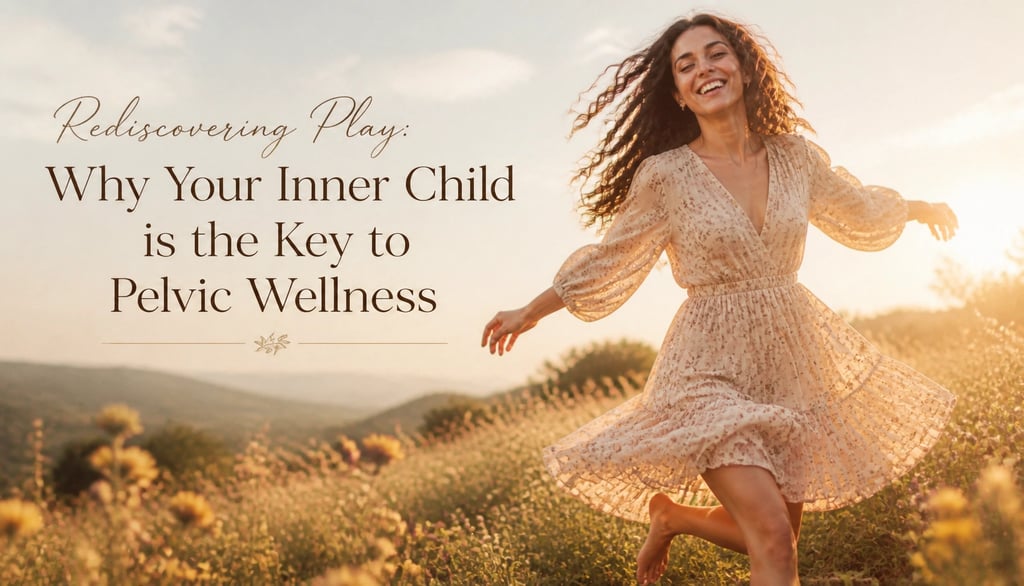 A smiling woman dancing in a sunlit field, illustrating inner child play and pelvic wellness.