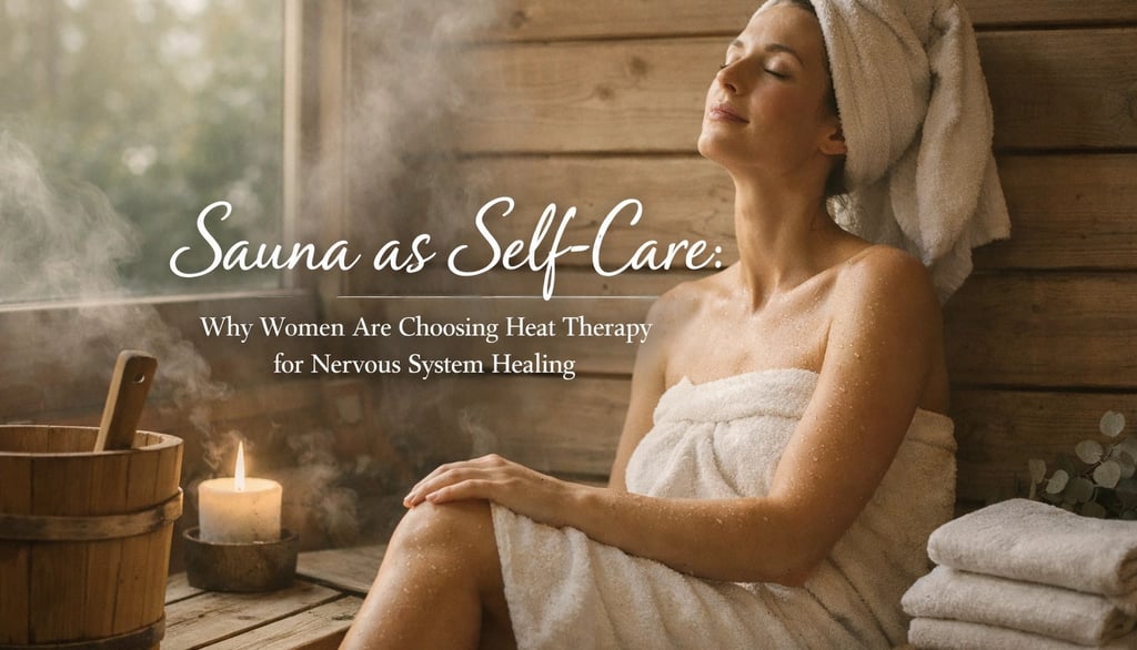A woman relaxing in a steam-filled wooden sauna for heat therapy and nervous system healing self-care.