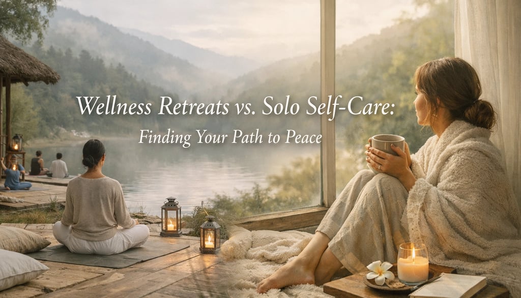 A woman practices meditation at a mountain wellness retreat alongside a woman enjoying solo self-care by a window.