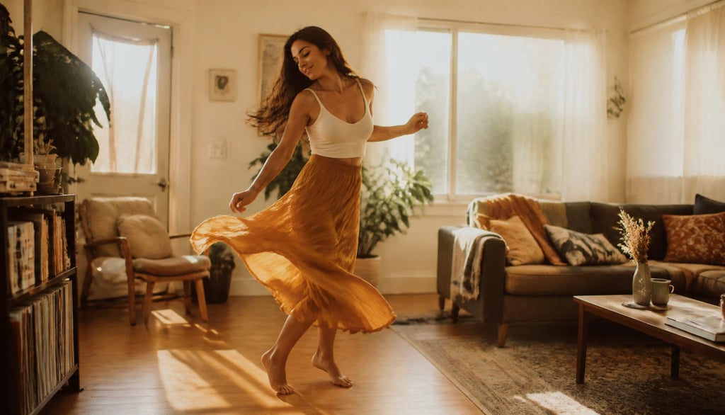 A happy woman dancing in a sunlit living room wearing a white crop top and flowing yellow skirt.