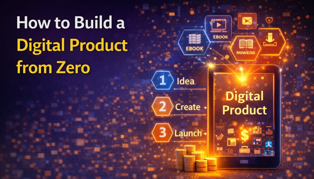 Infographic showing how to build a digital product from zero with steps for idea, create, and launch.