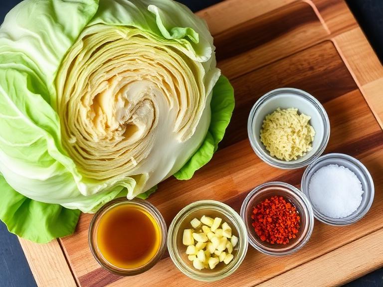 Fresh green cabbage and seasoning ingredients for cabbage steaks recipe