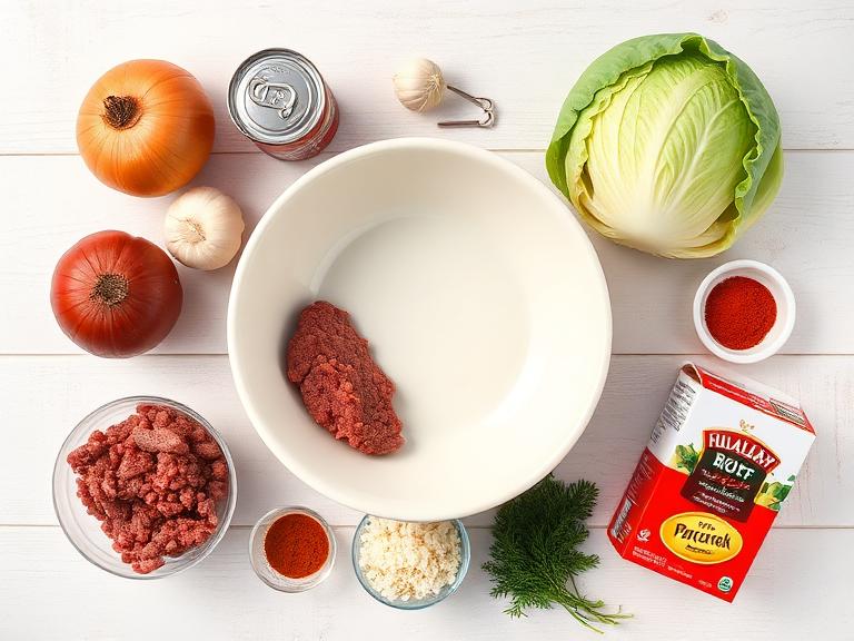 An overhead flat-lay photo showing all the fresh ingredients for making Golumpki Soup, neatly arrang