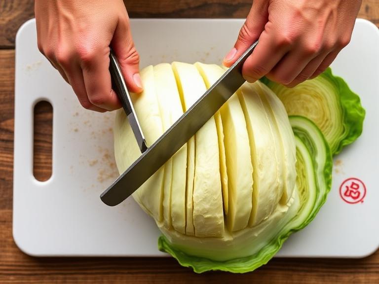 Demonstration of cutting cabbage into thick steaks for roasting