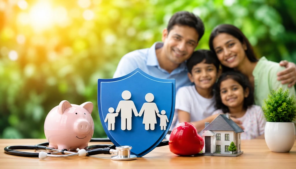 Happy Indian family with health insurance symbols like shield, stethoscope, and savings