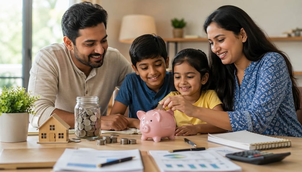 Indian family saving money together using piggy bank at home