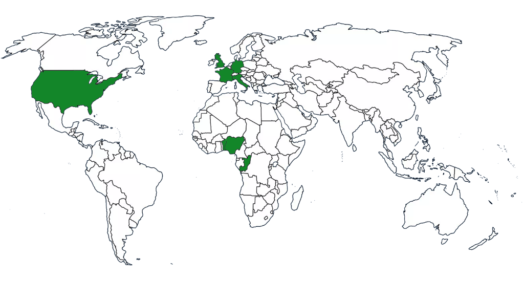 World map highlighting Nigeria, Benin Republic, Congo Brazzaville, France, Germany, Italy, UK and US