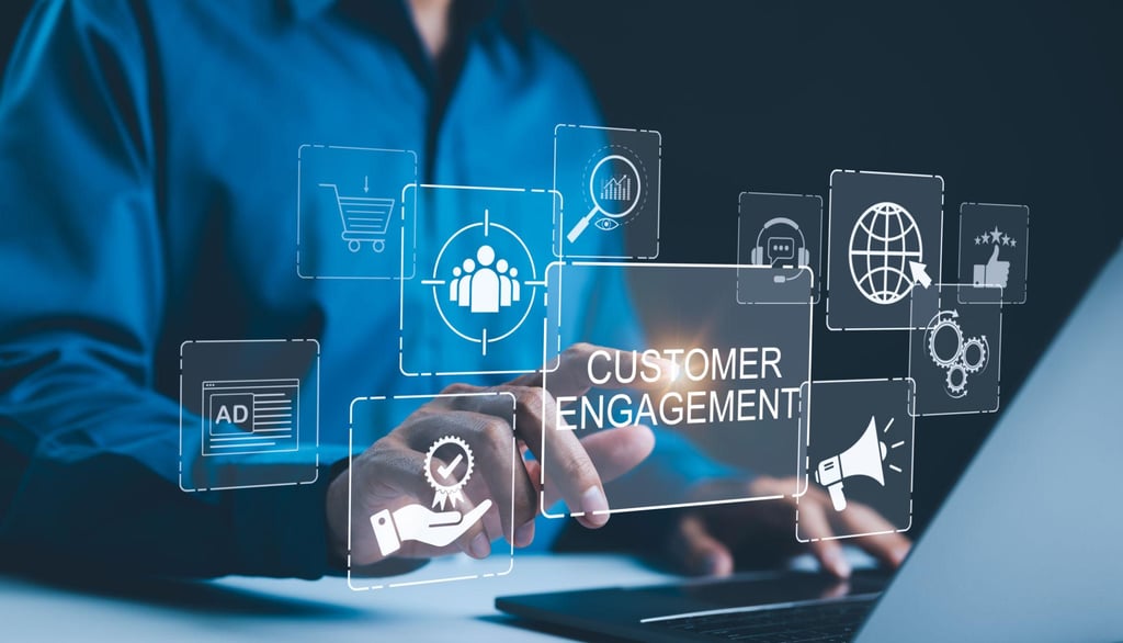 Professional person using a laptop with a digital customer engagement strategy interface and marketing icons.