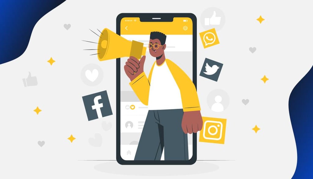 An illustration of a man with a megaphone on a smartphone screen for social media marketing strategies.