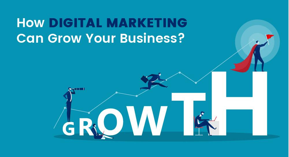 Business growth concept illustration showing digital marketing professionals scaling a large growth sign.