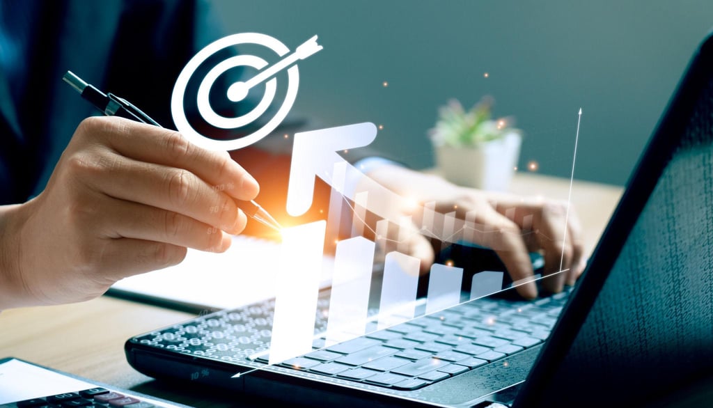 A business professional analyzes digital growth charts and a target icon to reach financial goals.