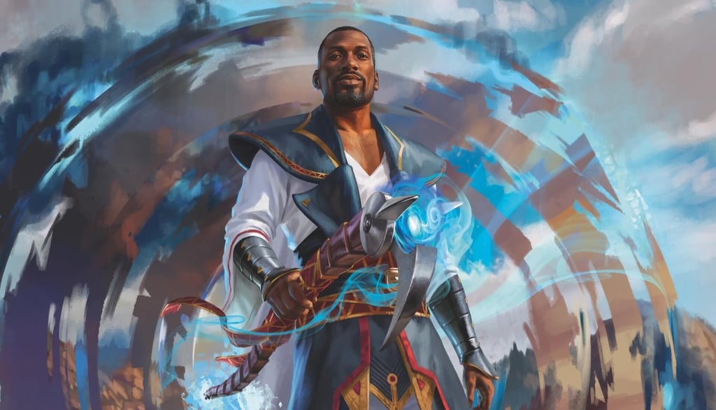 Fantasy art of Teferi, a powerful mage wielding a glowing blue staff against a swirling sky background.