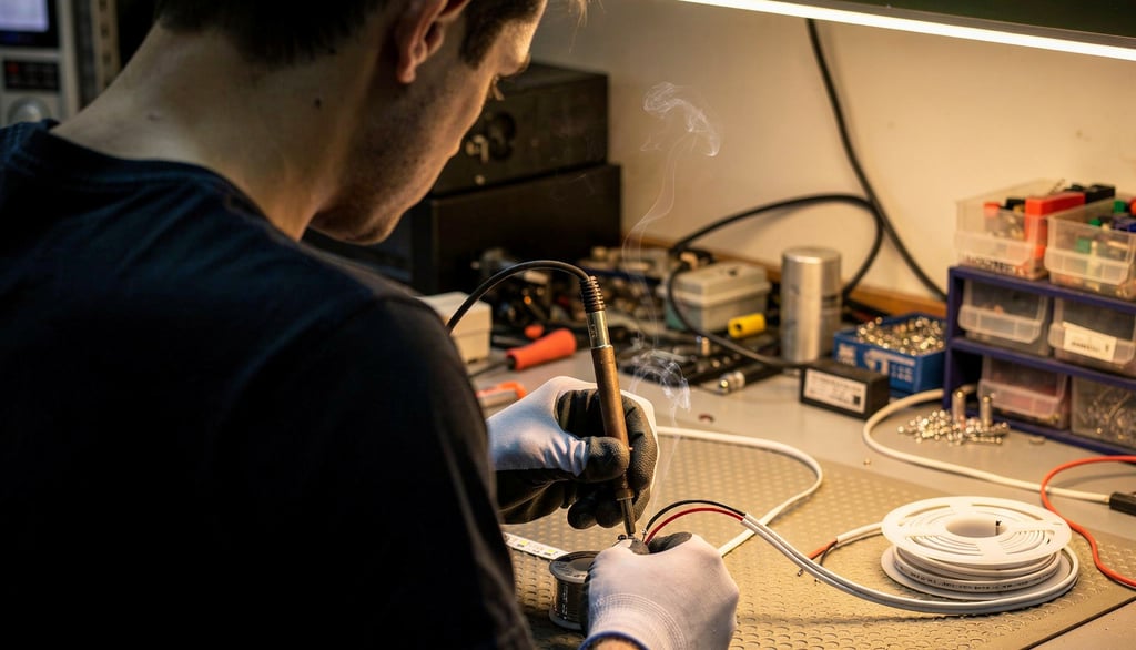 Preparación técnica: proceso de soldadura y conexionado de tiras LED en taller.