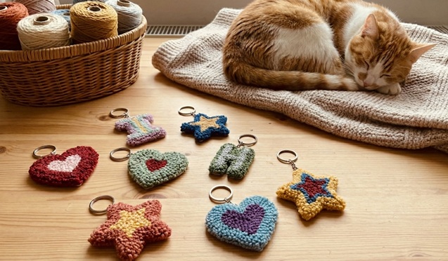 Crafting table with tufted keychains on it