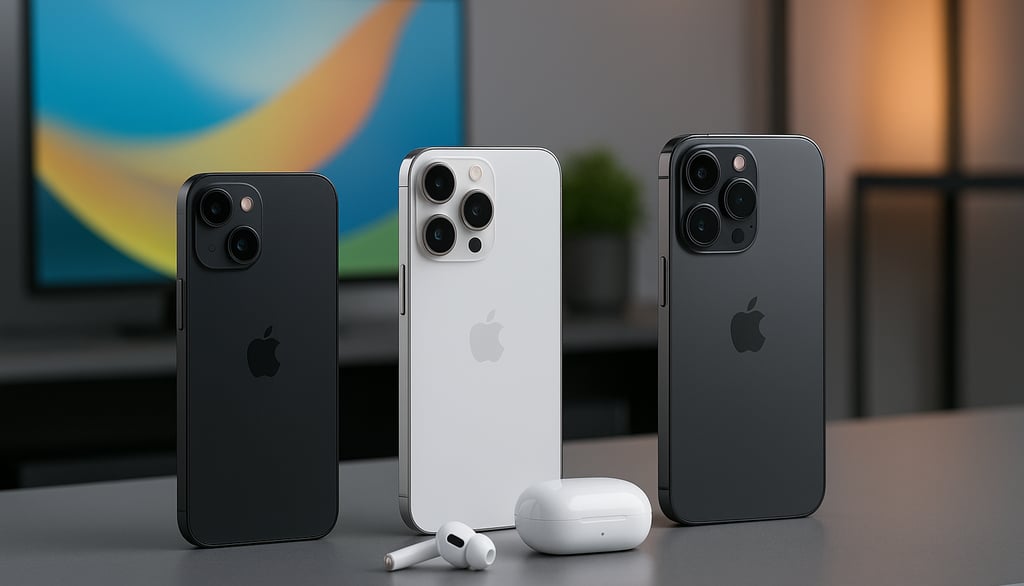 Três modelos de iPhone recentes, incluindo versões Pro, alinhados sobre uma superfície cinza com um