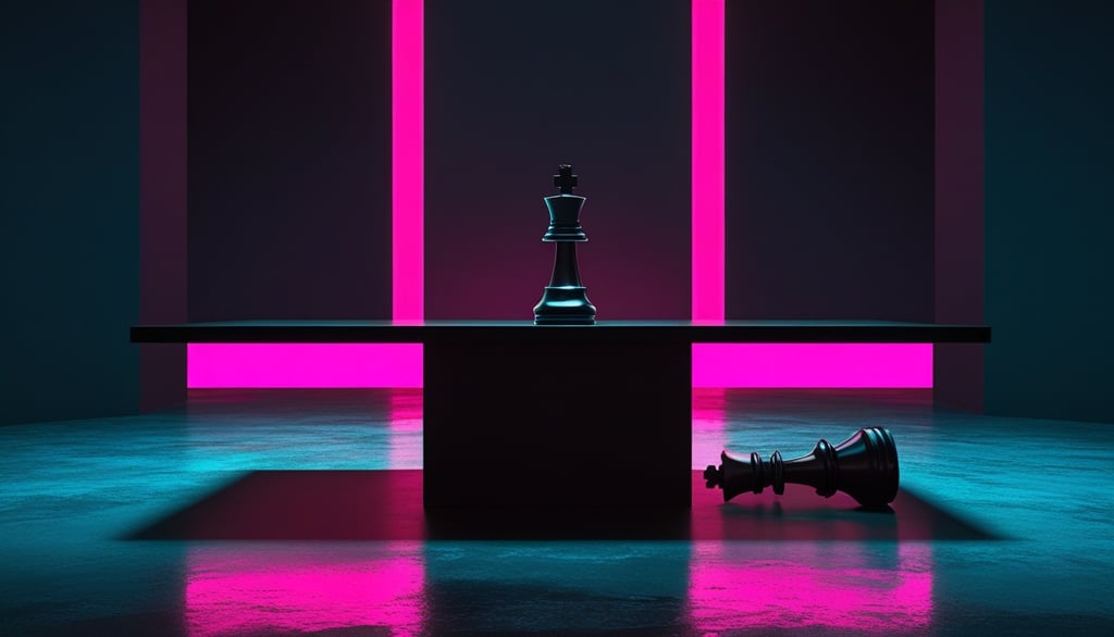 A black chess king standing on a table with neon pink and blue lighting in a dark room.