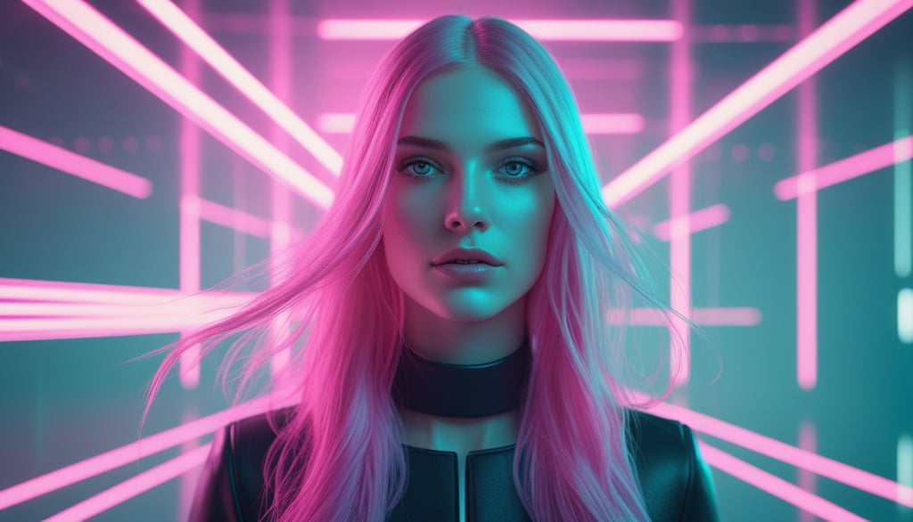 A woman with pink hair in a futuristic cyberpunk room with glowing neon lights as a sign of control.