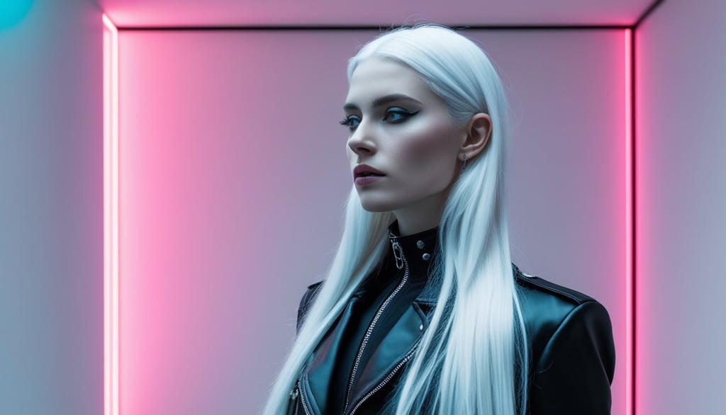 Portrait of a woman with long platinum blonde hair wearing a leather jacket in pink neon lighting.