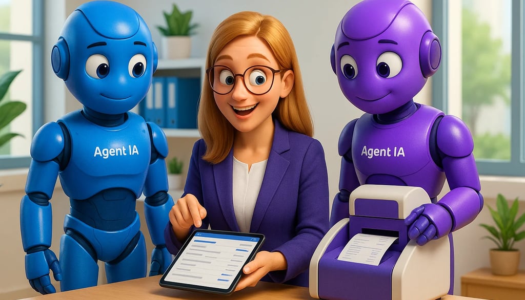 Comptable et robots « Agent IA » en 3D collaborant dans un bureau lumineux, illustrant l’automatisation du rapprochement banc