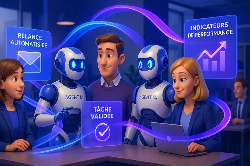 Collaboration fluide humains-IA dans un bureau futuriste Finexalys, automatisation performante.