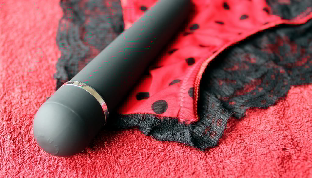 panties with a vibrator laying on them on a red waterproof blanket