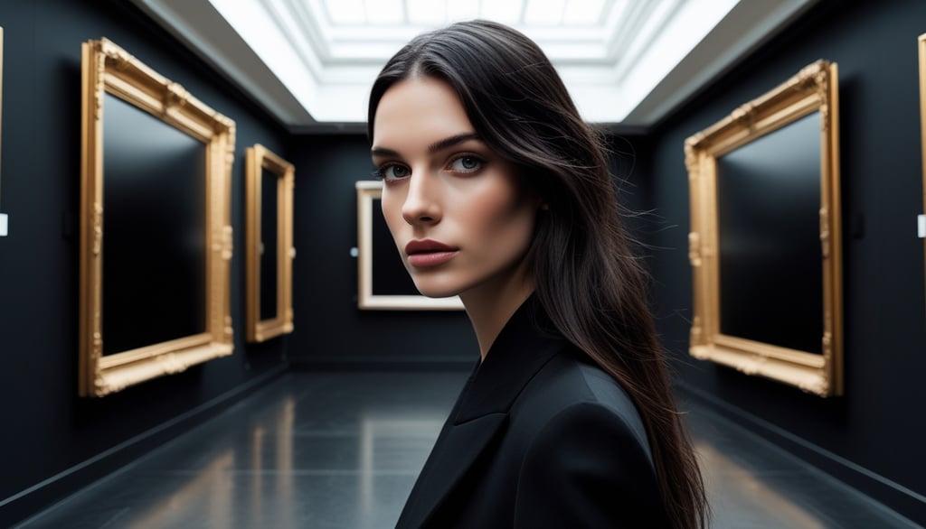 A woman with long dark hair posing in a modern art gallery with gold frames on black walls.