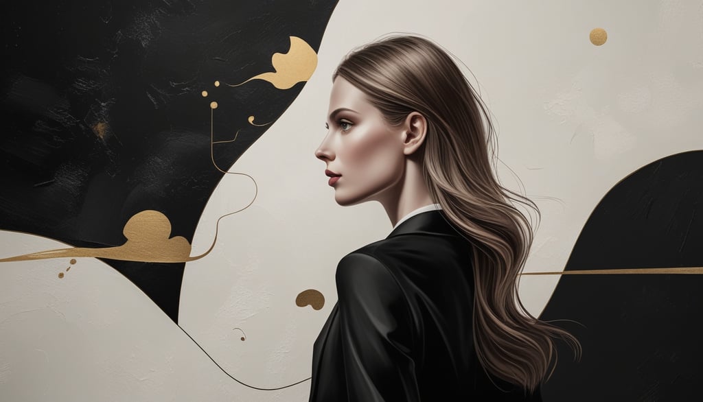 Elegant profile of a woman with long wavy hair against a modern black, white, and gold abstract background.