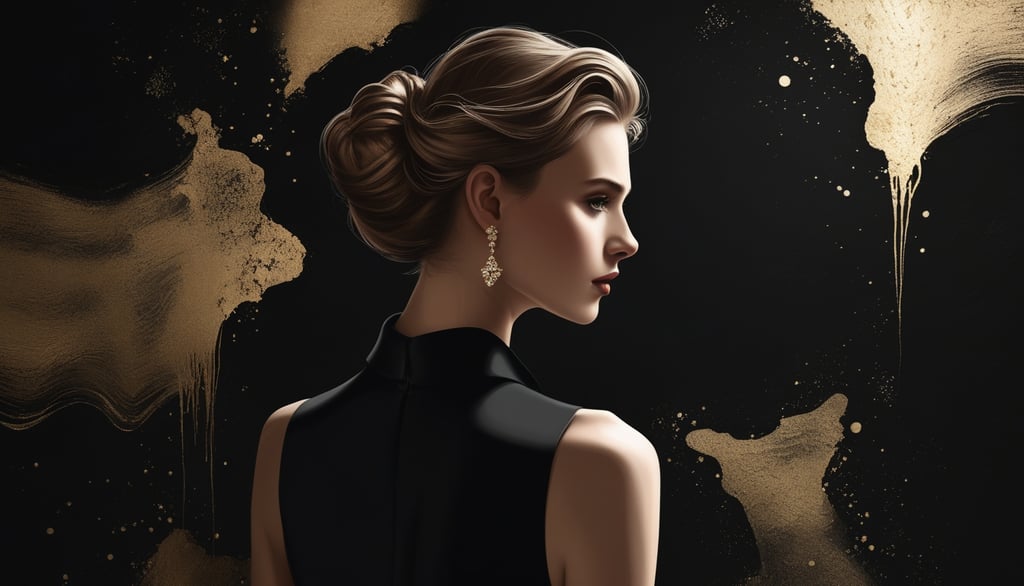 Elegant woman with a classic updo hairstyle and gold earrings against a black background with gold paint splashes.
