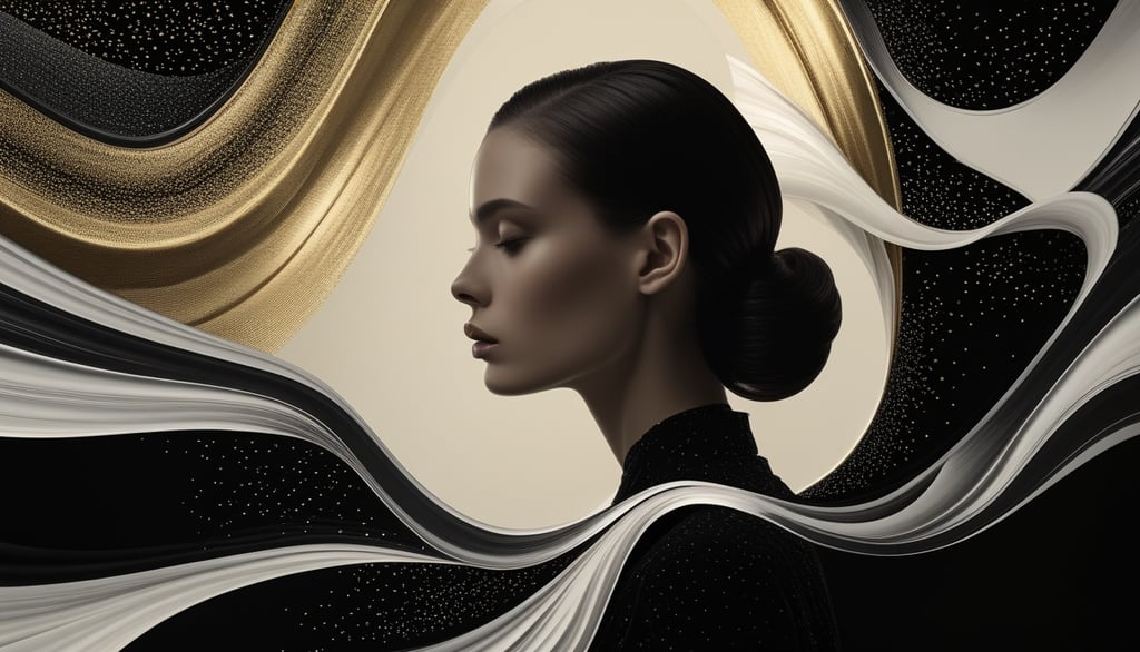 Elegant woman's profile surrounded by flowing gold and black abstract waves with shimmering textures.